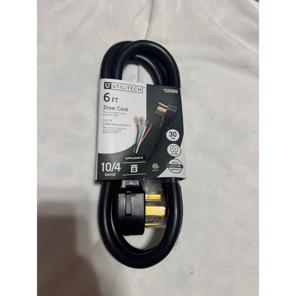 Utilitech 6 ft 30 Amp 4-Prong Dryer Cord 10/4 Gauge 14-30P Black 333552